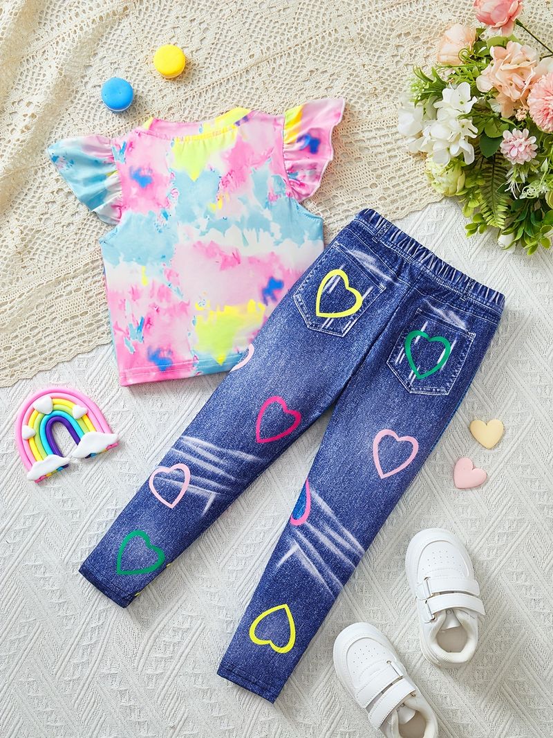 Mutter & Kinder INS Mädchen Sommerkleidung Kleine fliegende Ärmel Top Denim Print Hosenanzug Leggings Zweiteiler_voghion.com