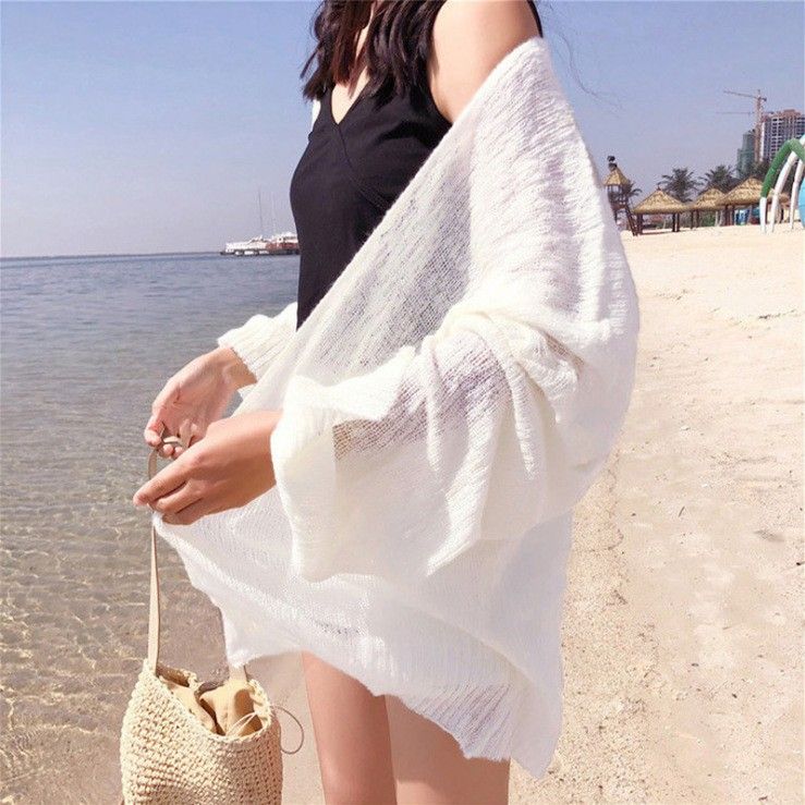 Cardigan in maglia a maniche lunghe leggero oversize in stile coreano - Coprispalle con protezione solare, coprispalle estivo sottile e arioso per donna_voghion.com