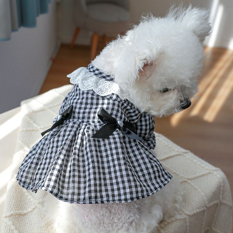 Pet Circle Dog Clothing Cat Clothes Bowknot Lace Collar Edge Black And White Plaid Princess Heart Pearl Dress_voghion.com