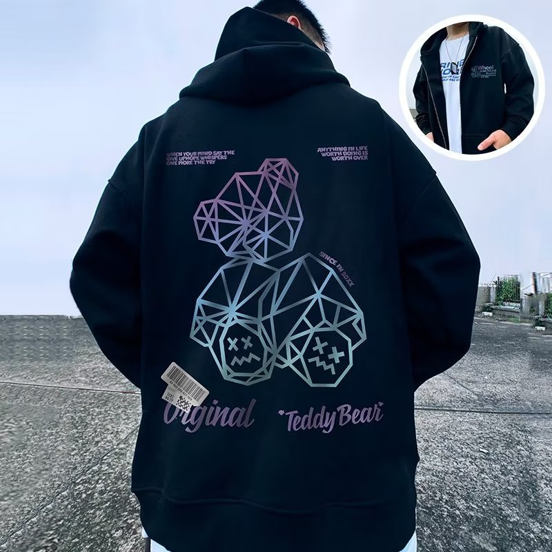 Oversize autumn winter loose and oversized hooded plush zippered cardigan, chubby hoodie, men's trendy jacket_voghion.com