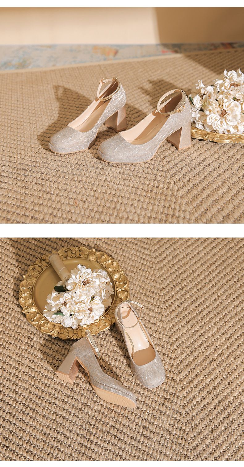 Women's Shoes One Piece Buckle Waterproof Platform Shinning Elegant Mary Jane Chunky Heel Pumps Adjustable Buckle Comfortable Square Toe High Heels_voghion.com