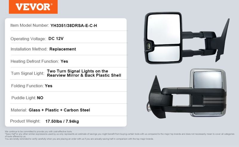 VEVOR Towing Mirrors Fit For 2008-2014 Chevy Silverado GMC Sierra Power Heated LED Arrow Signal Light Side View Mirror Pair Manual Controlling Telescoping Folding, Silver_voghion.com