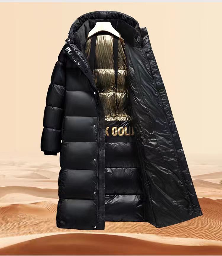 Herrenbekleidung Schwarz-goldene Daunenjacken für Männer und Frauen, verdickter langer Stil, neue warme Winterjacken aus weißen Gänsedaunen über dem Knie_voghion.com