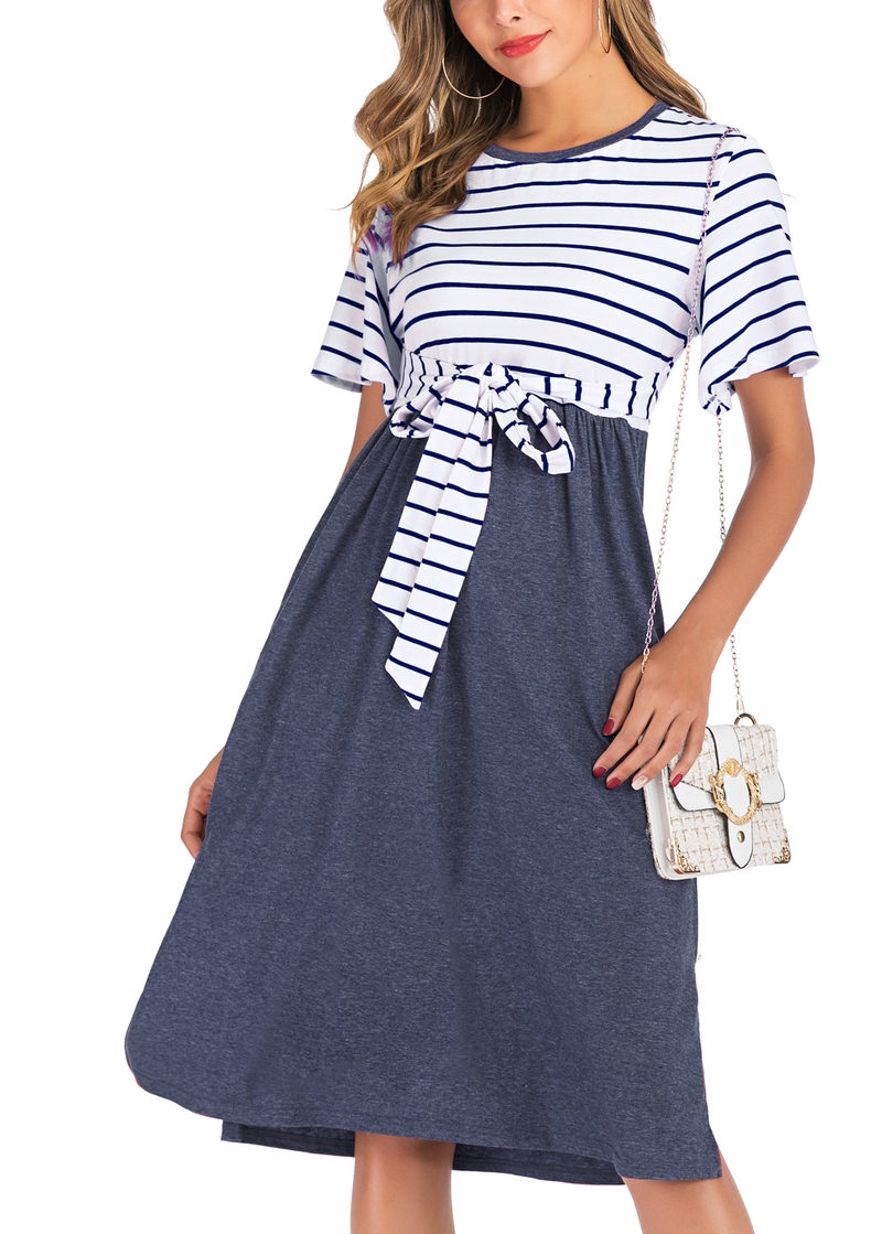 Abbigliamento donna Moda Manica corta Abito a righe Girocollo Donne incinte Grande Swing_voghion.com