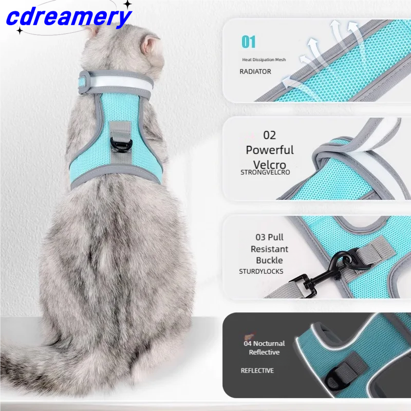 Nieuwe 2025 kattentractiekabel nachtreflecterende anti-breuk kattenriem huisdier ademende borstbandset_voghion.com