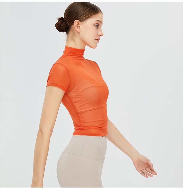 Maglietta da yoga vintage con collo alto, da donna, ad asciugatura rapida, sportiva, in rete, con protezione solare, per yoga_voghion.com