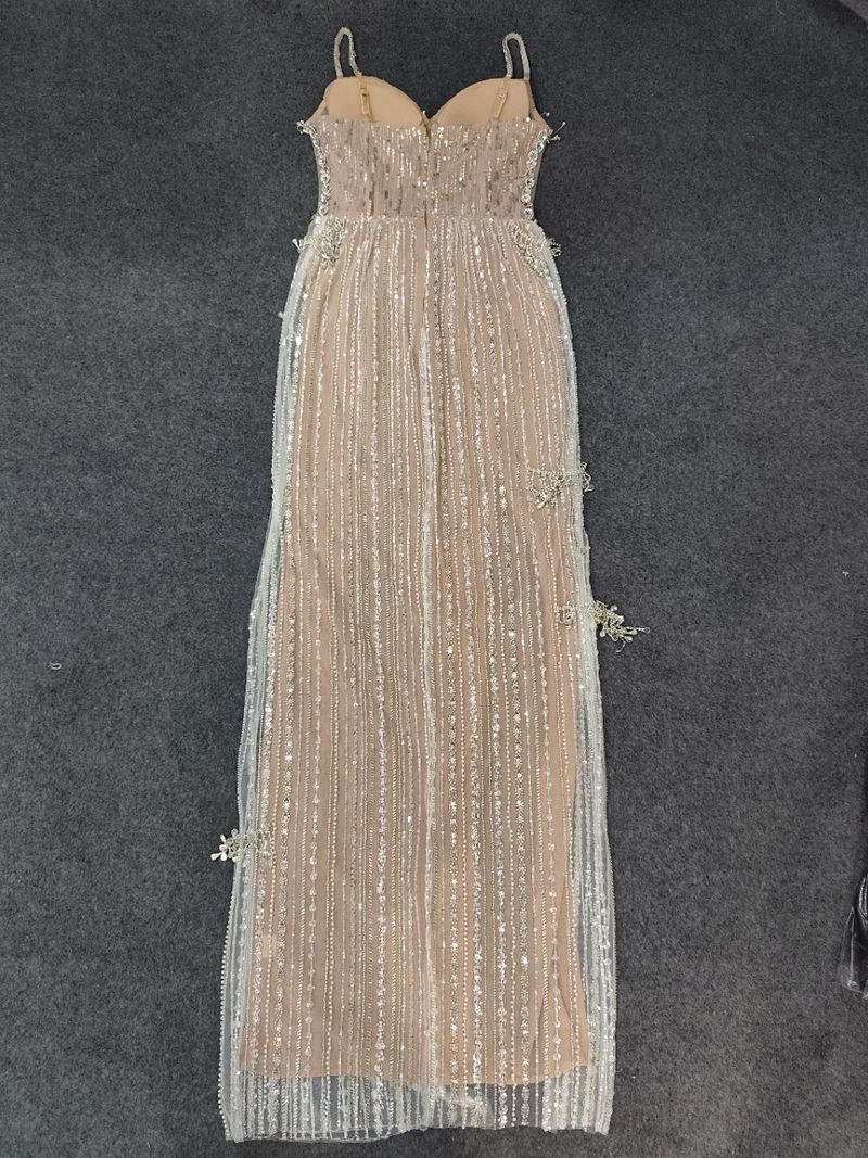 Elegantes, mit Pailletten verziertes, figurbetontes Abendkleid mit hohem Schlitz für Partys und Bankette – tiefer V-Ausschnitt und glamouröse Passform_voghion.com