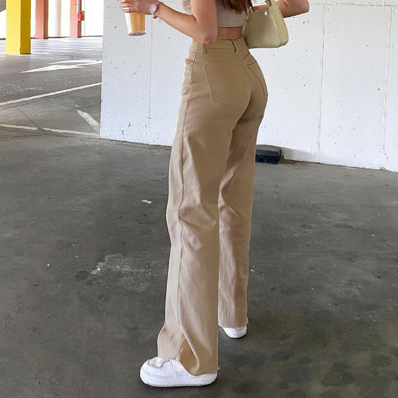 2021 Neue Stil Einfarbige Damenjeans Mit Drapierter Loose Fit Abnehmender Hoher Taille Gerade Beiläufige Lange Hosen Für Frauen_voghion.com