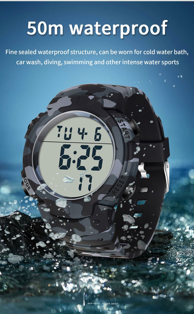 Sport Digital Watch With 50m Waterproof, LED Backlight, Alarm, Stopwatch, Military Camouflage Design For Outdoor Swimming And Daily Wear_voghion.com
