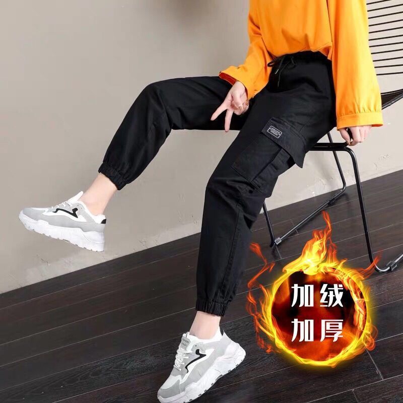 Women's Cargo 2023 Spring And New High Waist Casual Jogger Nine Points Fleece Lined Thickened Sports Harem Pants Autumn_voghion.com