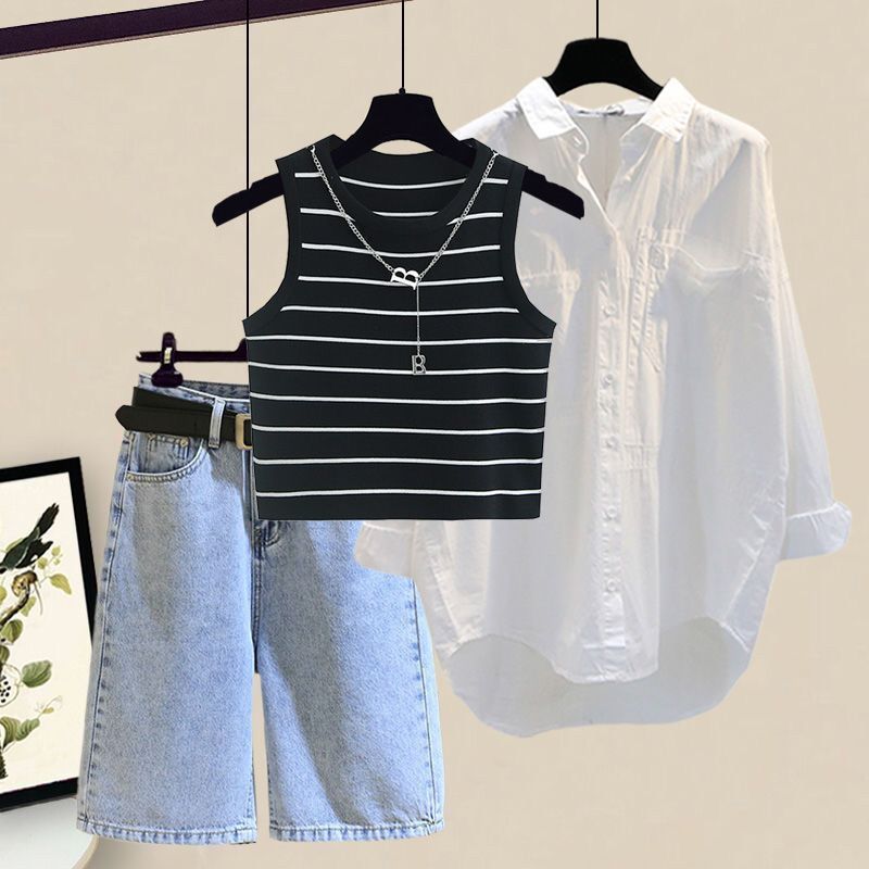 Damenbekleidung Sommeranzüge für Damen Neue große Damenbekleidung Hemd Top Hosenträger mit Jeansshorts Dreiteiliger Anzug_voghion.com