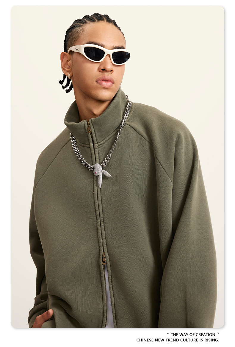 Man's clothing Vintage wash shoulder zipper jacket loose fleece jacket for men_voghion.com