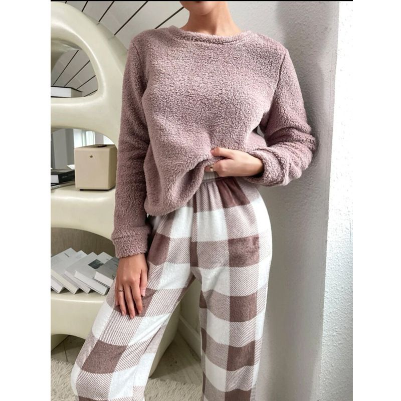 Damen-Nachtwäsche, gemütliches Fleece-Pyjama-Set, warm, kariert, lange Hose, Loungewear für Zuhause, weiches Korallenvlies_voghion.com