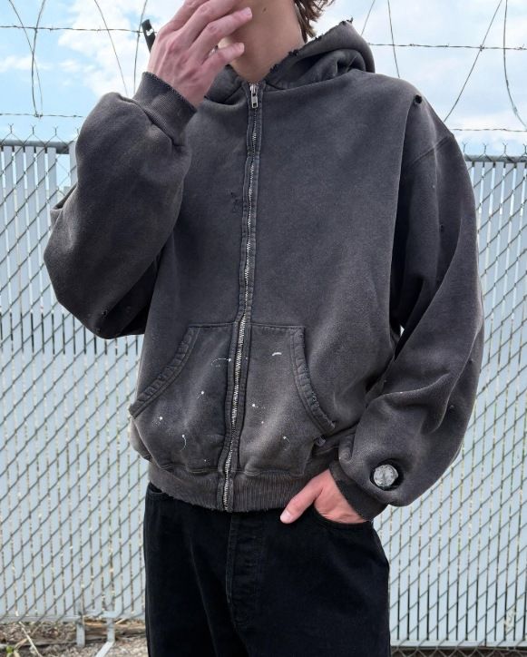 Vintage Washed Hooded Sweatshirt – Unisex Oversized Zip-Up Hoodie, Streetwear Distressed Cotton Blend Pullover With Drop Shoulder (Grey, S-XXL)_voghion.com