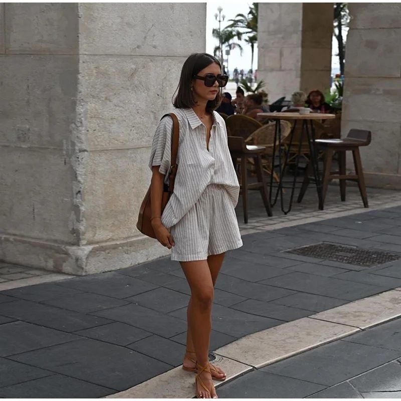 Ensemble 2 pièces à rayures et revers pour femme, haut taille haute plissé à manches longues et simple boutonnage, tenue d'été décontractée_voghion.com