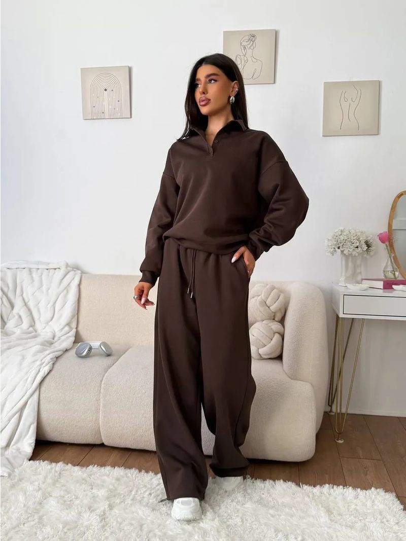Set sportivi casual da donna, tinta unita, maniche lunghe, pullover con revers abbottonato, felpa, pantaloni con lacci, completo due pezzi_voghion.com