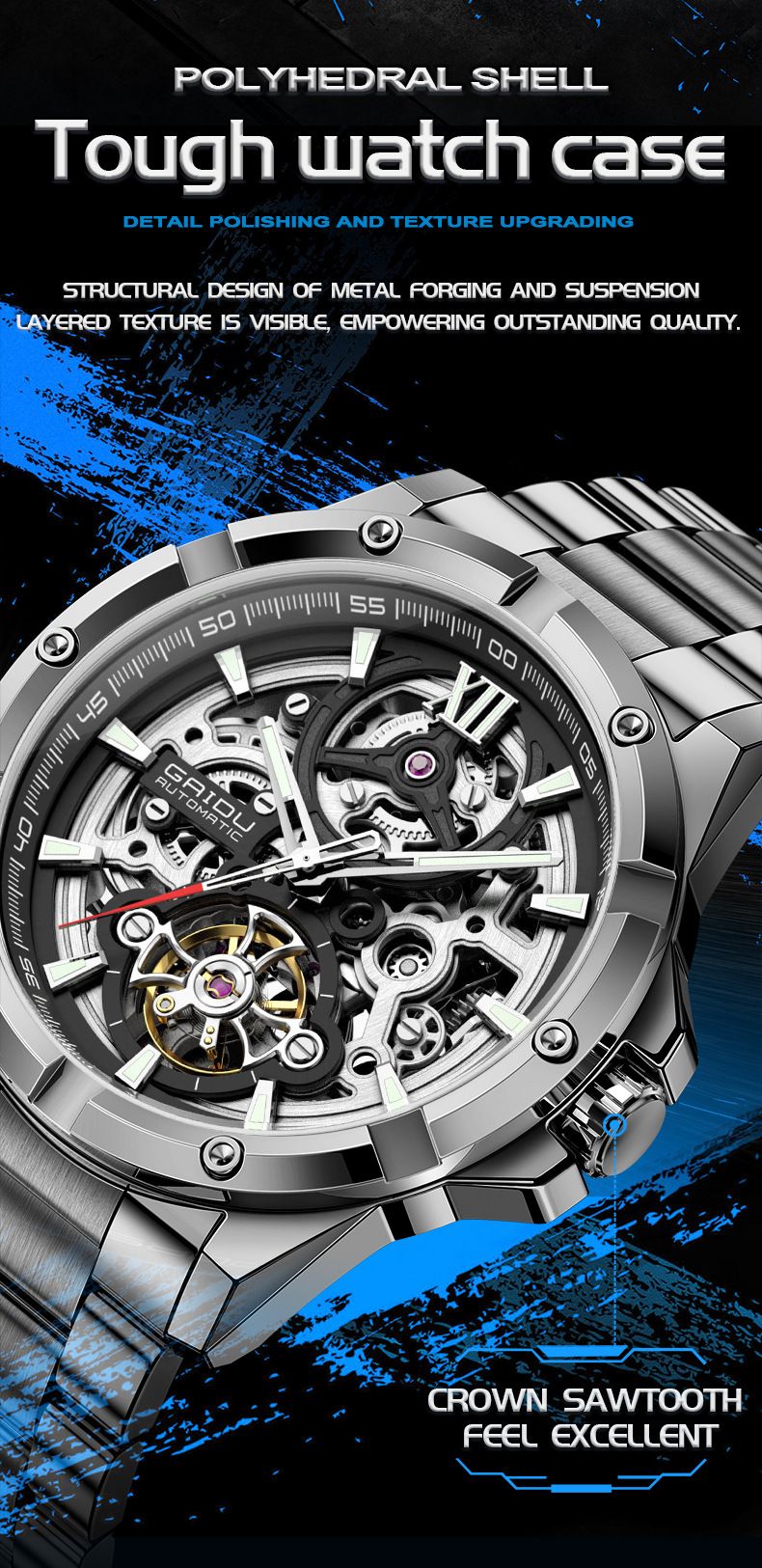 Orologio meccanico scheletrato automatico da uomo con lancette luminose, cinturino in acciaio inossidabile, quadrante rotondo da 42 mm, resistente all'acqua fino a 30 m, completamente automatico_voghion.com
