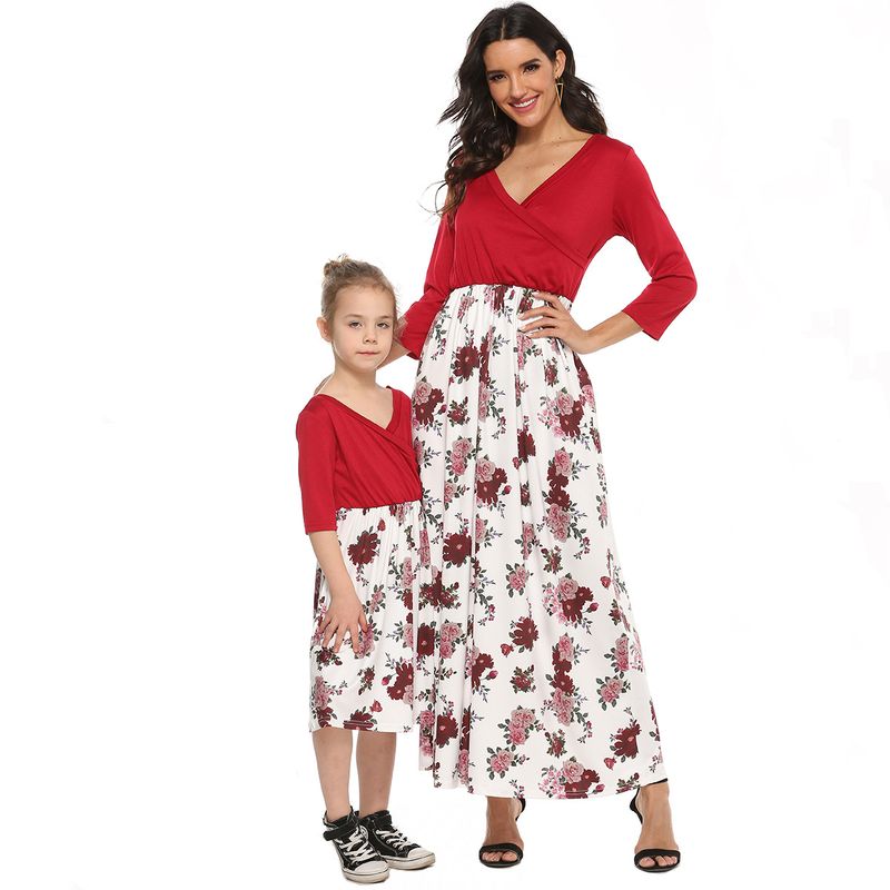 Mutter & Kinder Eltern-Kind-Outfit Eltern-Kind-Outfit Kleid Dreiviertelärmel Blumen-Digitaldruck Spleißen Eltern-Kind-Kleid_voghion.com