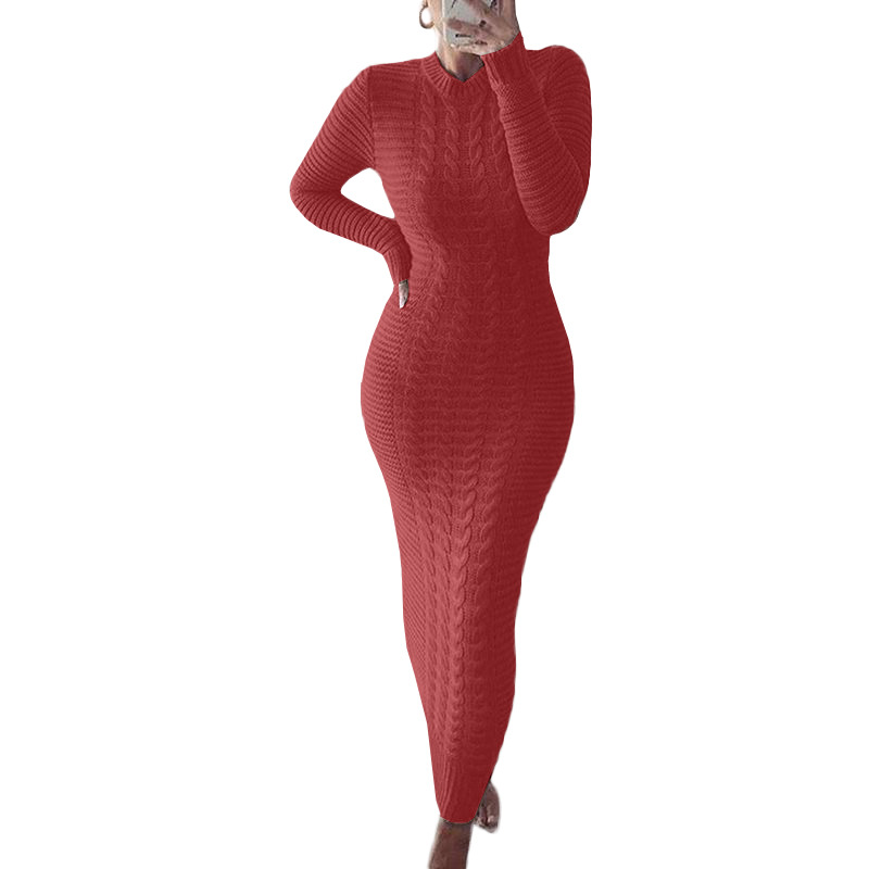 Damenmode-Twist-Wollkleid mit langen Ärmeln_voghion.com