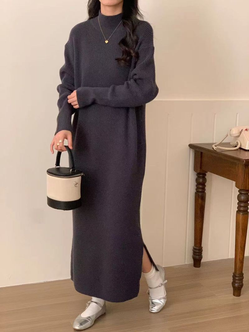 K Women's Half-turtleneck Sweater Dress; Loose, Thickened, Knee-length, To Be Worn Under A Coat. No Bags Or Other Accessories_voghion.com