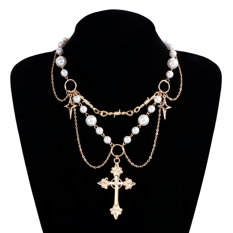 Kruis hanger parelketting gotische ster kwast choker hart kruisbeeld ketting zilveren kralen sieraden voor vrouwen en meisjes_voghion.com