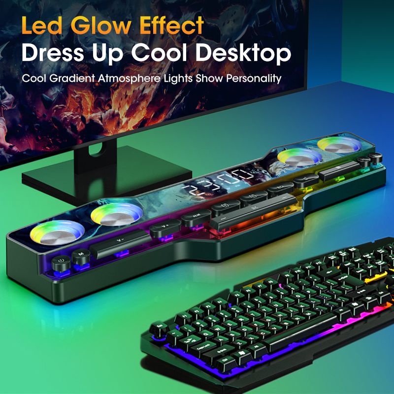 Bluetooth 5.0-luidspreker Home Kleurrijke LED-lamp FM-radio Game Gomputer-luidspreker 4D HiFi-temperatuurwekker Bluetooth-luidsprekers_voghion.com
