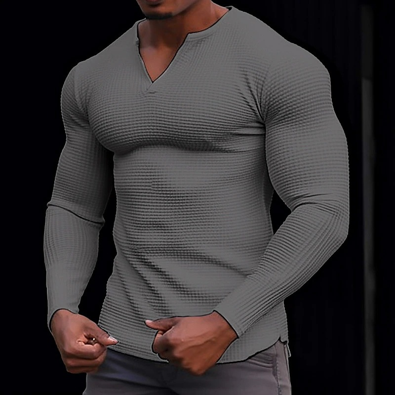 Abbigliamento da uomo T-shirt da uomo con scollo a V Waffle, moda casual a maniche lunghe per le vacanze_voghion.com