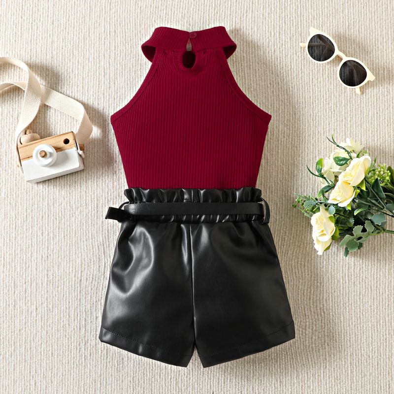Summer Girls' Standing Neck Pit Striped Sleeveless Top PU Leather Shorts Set_voghion.com