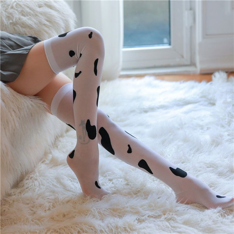 Calze lunghe a pois bianchi lattiginosi da donna, a forma di mucca, con intimo sexy, sopra il ginocchio_voghion.com