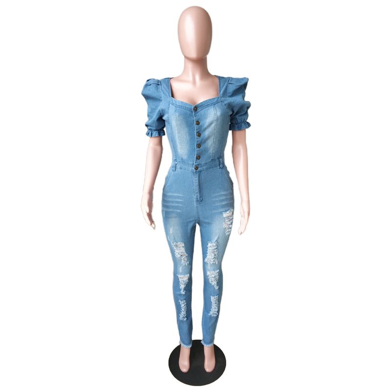 Sieviešu modes ikdienas seksīgs džinsa romperis ar baltu caurumu_voghion.com