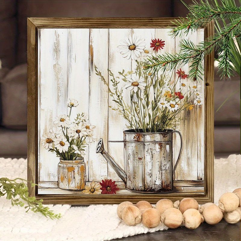 "8x8'' Rustic Wooden Sign - Spring Jasmine & Watering Cans Farmhouse Art, Lightweight Polished Frame, Perfect For Living Room Or Cafe. Ideal Gift!_voghion.com
