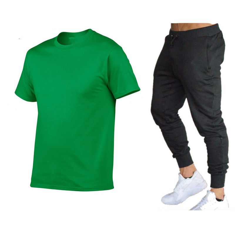 Vêtements d'été pour hommes, costume simple de couleur unie, T-shirt + pantalon en coton à col rond, ensemble deux pièces à la mode et polyvalent_voghion.com