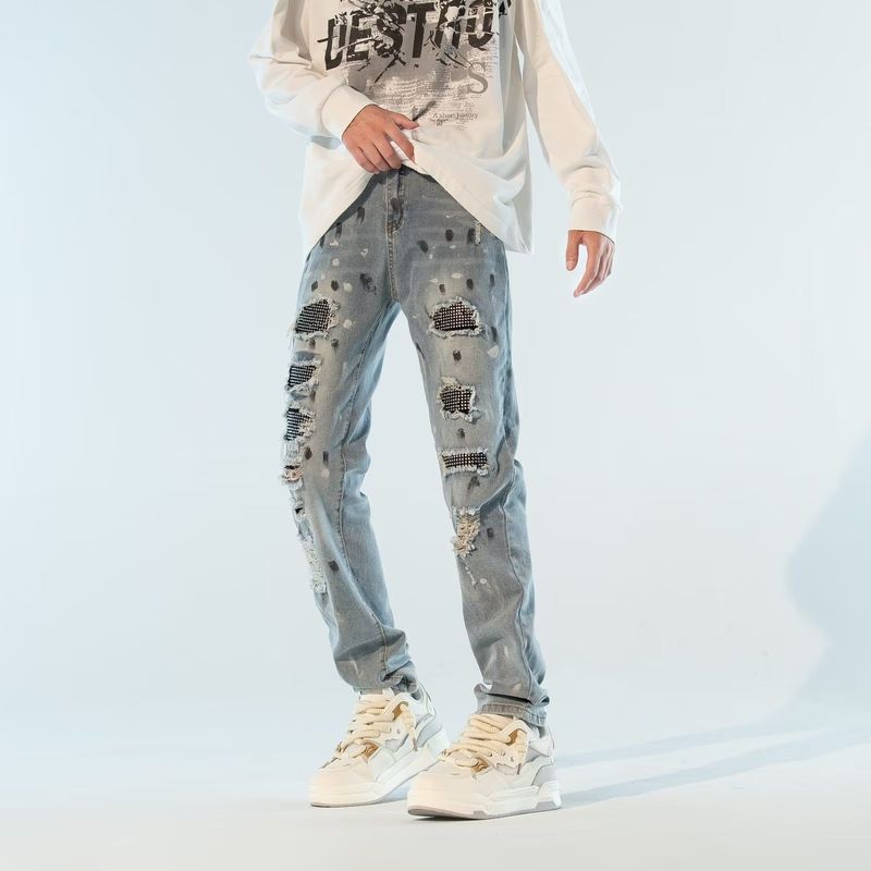 Men's new high street brand hot drill ripped patch distressed washed light stretch slim fit jeans_voghion.com