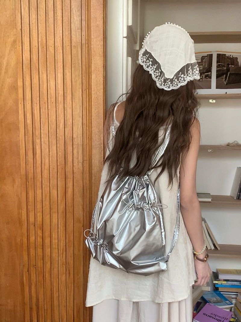 2024 Korean Ins niche design drawstring pleated silver for women commuting versatile casual small backpack_voghion.com