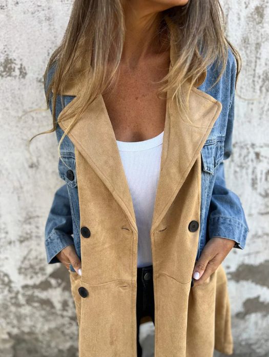 Dammekleedung 2024 Hierscht a Wanter neie Kostüm Halsband Denim Splicing Mëtt Längt Mantel fir Fraen_voghion.com