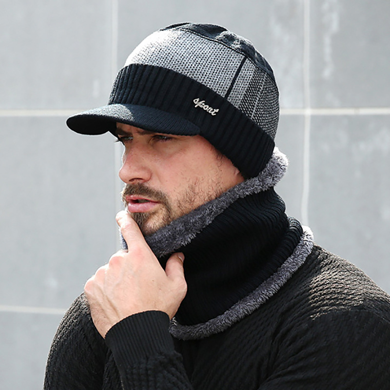 e sciarpa set berretto lavorato a maglia caldo foderato in pile moda invernale da uomo stile coreano scaldacollo cappello di cotone_voghion.com
