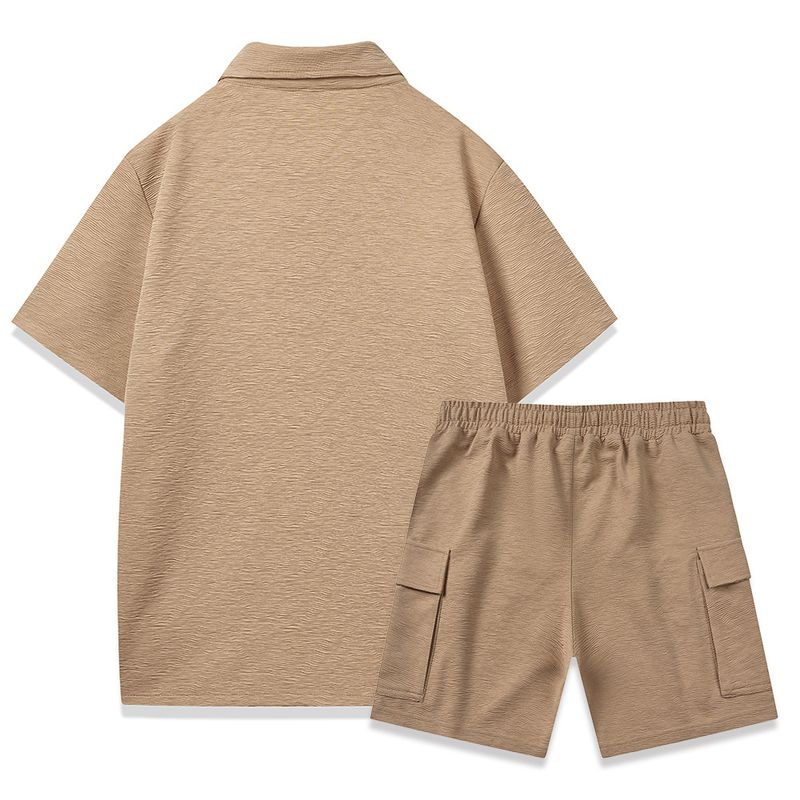 Men's Clothing summer new men's cardigan clear texture shirt drawstring elastic waist shorts plain color light mature two piece suit_voghion.com
