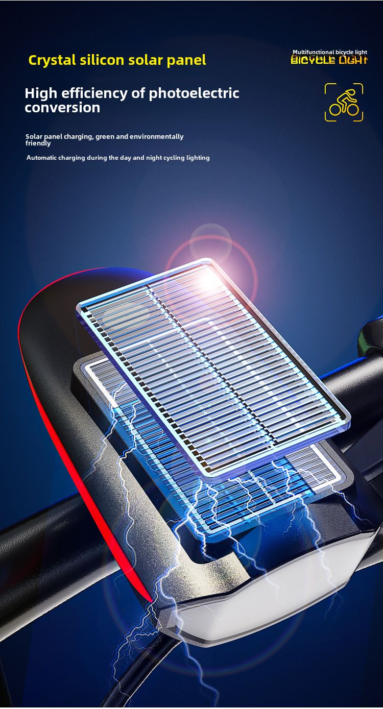Luz de bicicleta con carga solar Luz de conducción Luz de bocina potente Linterna para equipo de exterior Faro de bicicleta_voghion.com