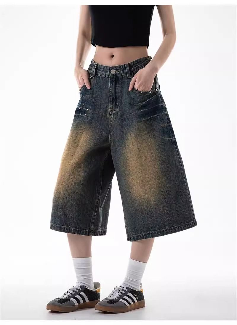 Pantaloncini in denim con rivetti lavati in stile americano per uomo e donna, pantaloni capri larghi casual alla moda estivi_voghion.com