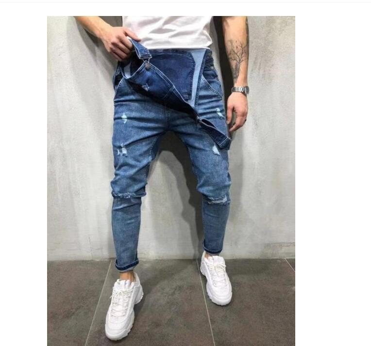 Macacão jeans masculino com cadarço jeans rasgado_voghion.com