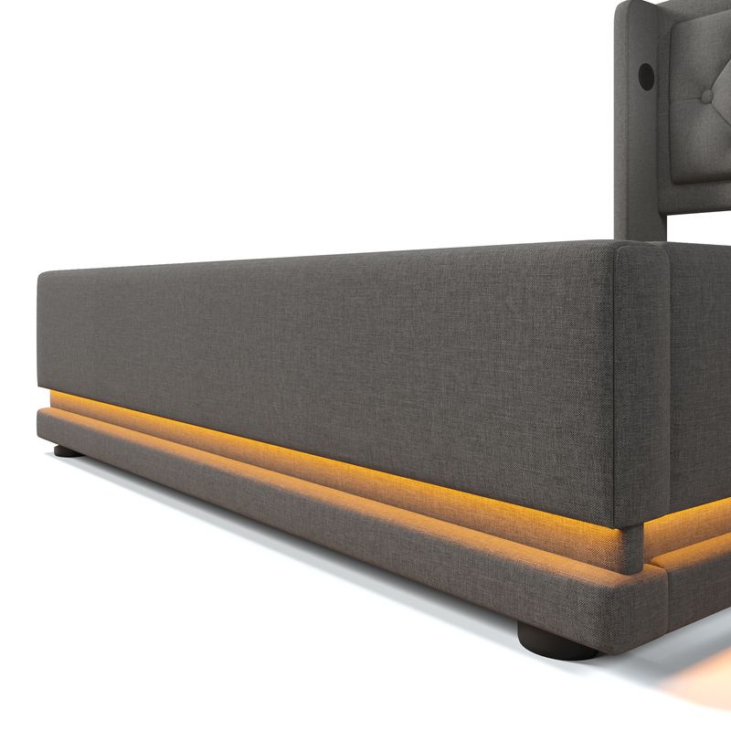 Polsterbett Doppelbett 90*200 Cm,Grau Baumwolle-Material Hydraulisches Stauraumbett, Gepolstertes Kopfteil Mit USB Typ-C Ladefunktion, 3-seitige LED-Funktion(Mit Matratze)_voghion.com