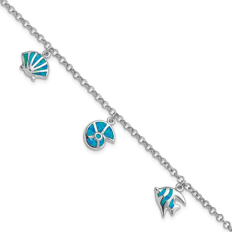 Sterling Silver Rhodium Created Opal Fish And Shells Charm 7.25 Inch Bracelet_voghion.com