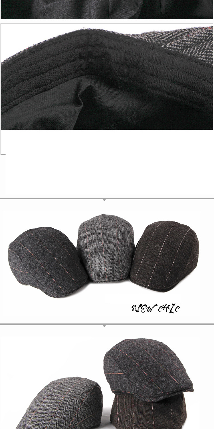 Unisex Middle-aged and elderly woolen beret vintage forward hat elderly hat herringbone warm cap for men_voghion.com