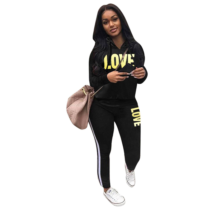 2-delige set damesoutfit LOVE Letter Print High Neck Hoodies Sweatshirt Broek Trainingspak Plus Size Streetwear Casual Pak_voghion.com
