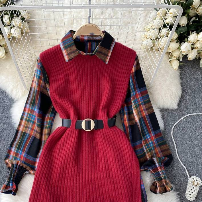 Damenbekleidung Temperament Reifer Anzug für Frauen Puffärmel Revers Kariertes Hemd Geteilte Strickpulloverweste Zweiteiliger Anzug_voghion.com