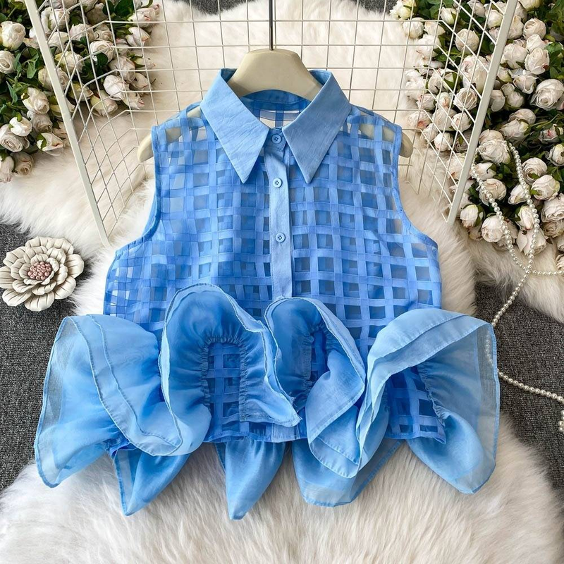 Abbigliamento da donna, top alla moda in stile estivo, camicia senza maniche a quadri sottili con cuciture tridimensionali a forma di bocciolo di fiore._voghion.com