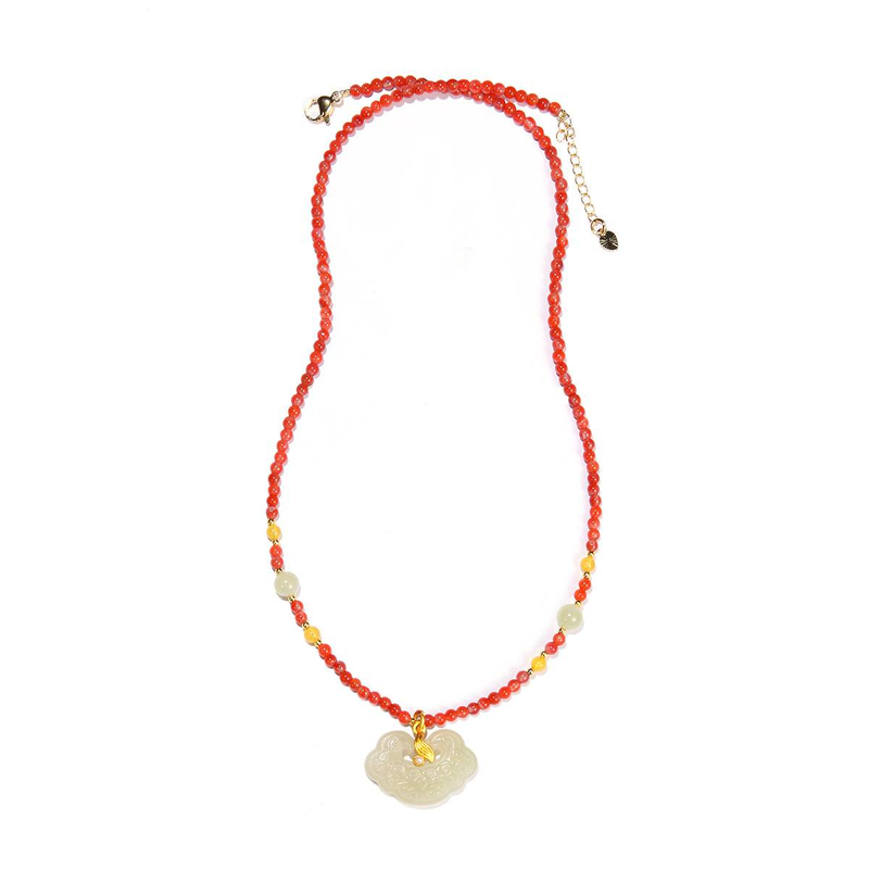 Kettenhalsketten Natürlicher Kristall und Nephrit Jade Ruyi Lock Halskette Nanhong Rosenkranz Echtes Gold Kleidung Alle Match High End Schlüsselbeinkette_voghion.com