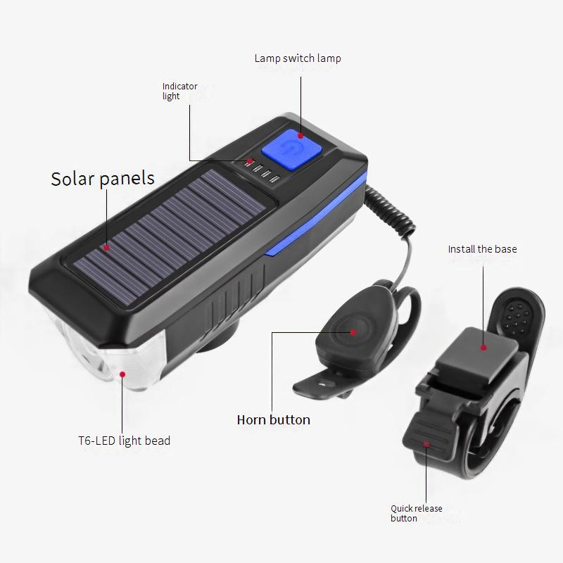 Cross Border Fahrrad Solar Scheinwerfer Horn Licht Nachtfahrten USB Lade Scheinwerfer Fahrrad Starke Licht Taschenlampe Ausrüstung_voghion.com