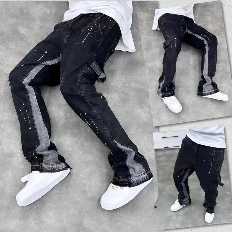 Men's Clothing High Street Trendy Splashed Ink Micro Flared Jeans Retro Vibe Style Loose Straight Casual Mopping Trousers_voghion.com