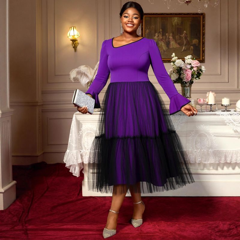 Elegant Plus Size Purple Flared Sleeve Mesh Layered Dress – Romantic Boho Chic A-Line Midi Dress For Women_voghion.com